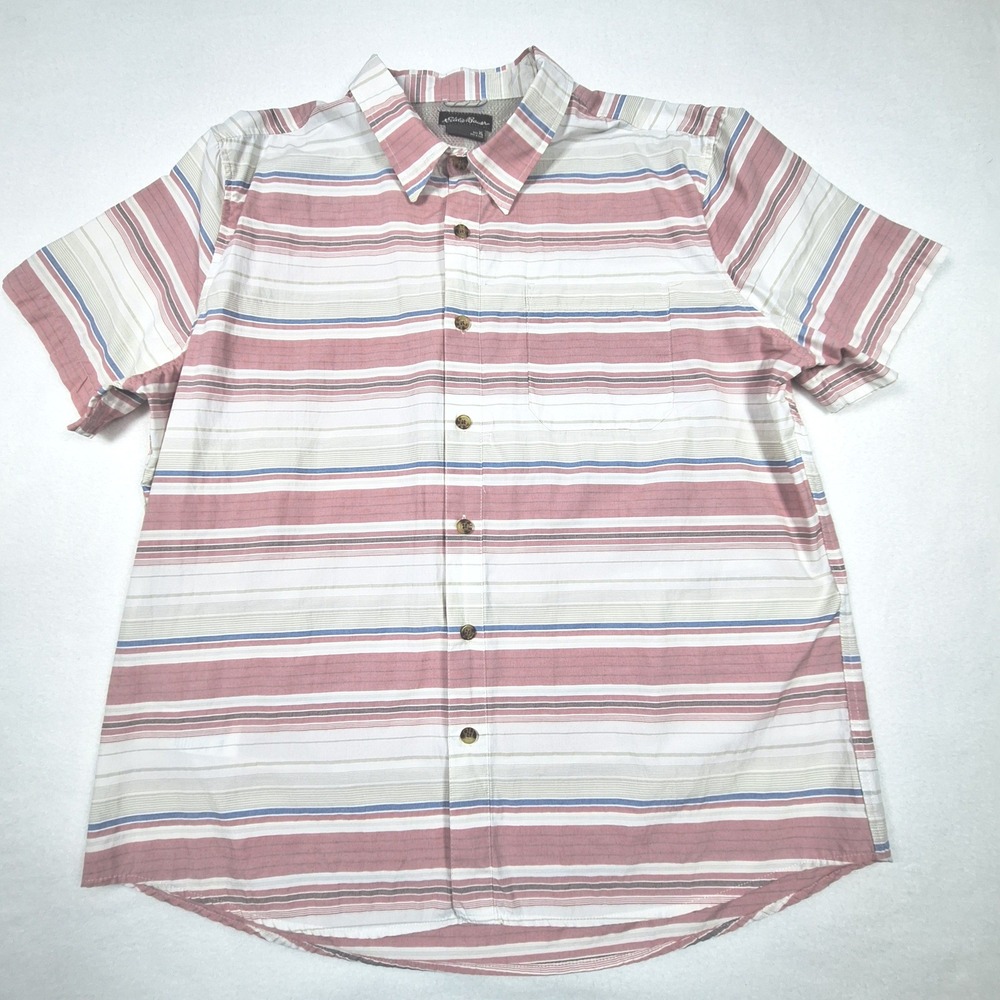 Eddie Bauer Button Down Shirt Mens XL Pink Striped Short Sleeve Vented Outdoor